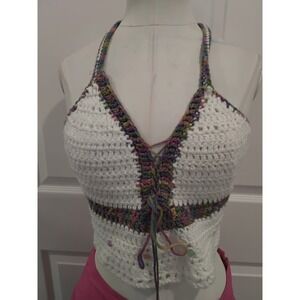 Handmade Crochet Halter Crop Top White Boho Festival Lace Up Multi Color Trim